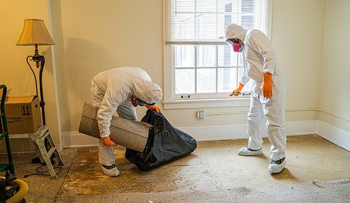 Biohazard cleanup in NJ: technician in a protective suit cleaning and decontaminating a room